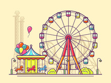 Funfair With Ferris Wheel. Amusement And Carnival, Carousel In Park, Vector Illustration