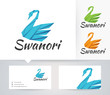 Swan Origami vector logo with alternative colors and business card template