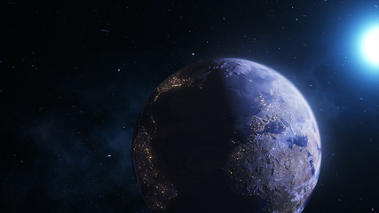 realistic scenes, the planet earth with the sun and stars in the background in 4k