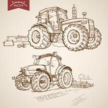 Engraving Vintage Hand Drawn Vector Tractor Farm Sketch