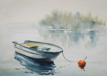 Watercolor Painting Of A Landscape With Wooden Boat On The River, Covered With Fog.