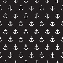 Seamless Vector Pattern With Nautical Anchors. Sea Theme White Anchor Black Repeat Background.