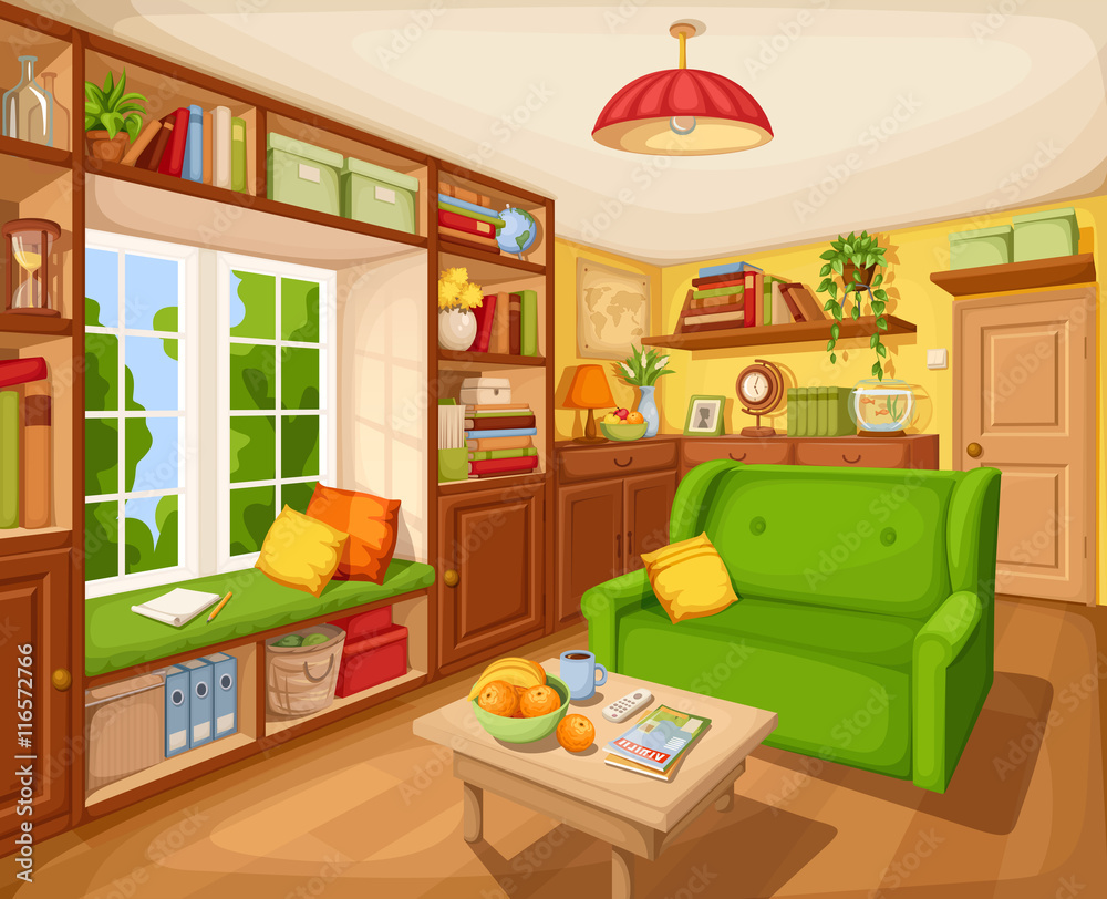 Vector cozy living room interior with bookcase, sofa and table. Stock ...