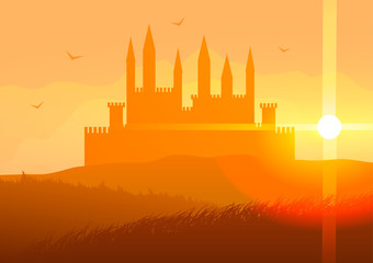 Wall Mural - Vector illustration. Castle on the hills at sunset.