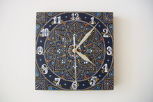 Blue Square Hand-painted Watch With Contour Acrylic Paints In The Technique Point To Point, With A Geometric Pattern In The Form Of A Mandala, White Numerals And Silver Arrows
