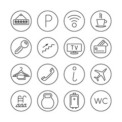 Wall Mural - Hotel services line thin vector. Set of icons for hotel service, illustration signs parking and internet hotel services