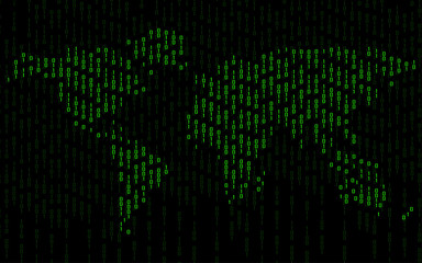 Abstract world map of binary computer code, technology background