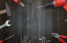 Handyman Tools For Home Repairs. Top View And Free Space For Text.