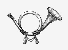 Hand Drawn Vintage Hunting Horn. Sketch Post . Vector Illustration