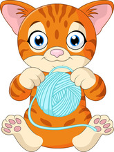 Cute Cat Cartoon Playing With Ball Of Yarn