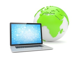 Laptop network and earth globe. 3d render