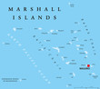 Marshall Islands political map with capital Majuro. Republic and island country near the equator in the Pacific Ocean in Micronesia. English labeling. Illustration.