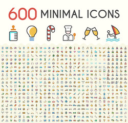 Poster - Set of 600 Solid Line Colored Multimedia, SEO, Business, Ecology, Education, Shopping, Transport, Home Appliances, Medical, Fitness and Sport, Beach, Baby, Veterinary, Christmas and Casino Icons. 