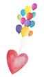 Aufsteigender Herzluftballon mit bunten Luftballons - rotes Herz am Valentinstag