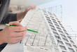 Collage with construction worker holding construction plans and modern office building