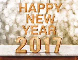 Poster - Happy New Year 2017 wood texture on marble table with sparkling