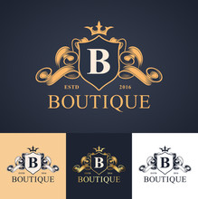 Elegant Luxury Monogram Logo Or Badge Template With Scrolls And Royal Crown - Perfect For Luxurious Branding Projects