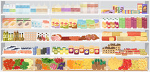 Store Supermarket Shelves Shelfs With Products. Vector Illustration.