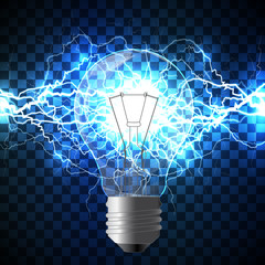 Wall Mural - realistic light bulb filled with white lightning bolt created from intertwined white lightnings and 