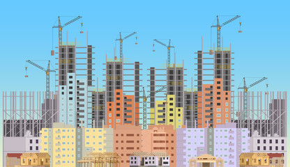 Poster - Building city under construction website with tower cranes. Constructions infographics template design.