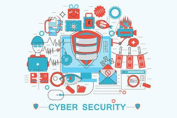 Poster - Modern graphic flat line design style infographics concept of Cyber security with icons, for website, presentation and poster.