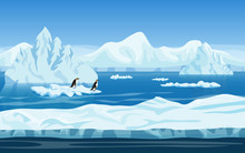 Cartoon Nature Winter Arctic Ice Landscape With Iceberg, Snow Mountains Hills And Penguins. Vector Game Style Illustration. Seamless Background For Games.