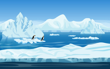 cartoon nature winter arctic ice landscape with iceberg, snow mountains hills and penguins. vector g