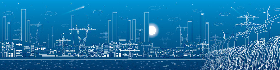 hydro power plant, energy lines, industrial panoramic, infrastructure, vector design art