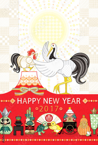 17年酉年完成年賀状テンプレート 社交の舞と縁起物 Happynewyear Adobe Stock でこのストックイラストを購入して 類似の イラストをさらに検索 Adobe Stock