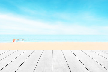 Poster - Wood floor with white blue surfing wave background. Blue cool water and sky bright with ray light. Nature wallpaper blur of sea daytime. Focus to wooden in the foreground. Timber pattern texture stage