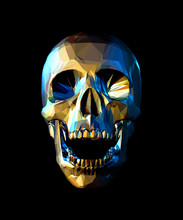 Low Poly Gold Skull With Blue Reflection On Dark Background