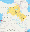 Kurdistan, Kurdish lands political map. Cultural region wherein Kurdish people form a prominent majority. Greater Kurdistan includes parts of Turkey, Syria, Iraq, Iran and Armenia. English labeling.