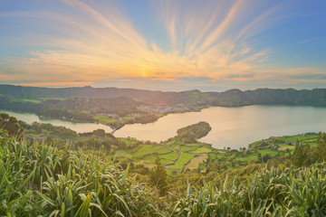 Wall Mural - mountain landscape with hiking trail and view of beautiful lakes, ponta delgada, sao miguel island, 