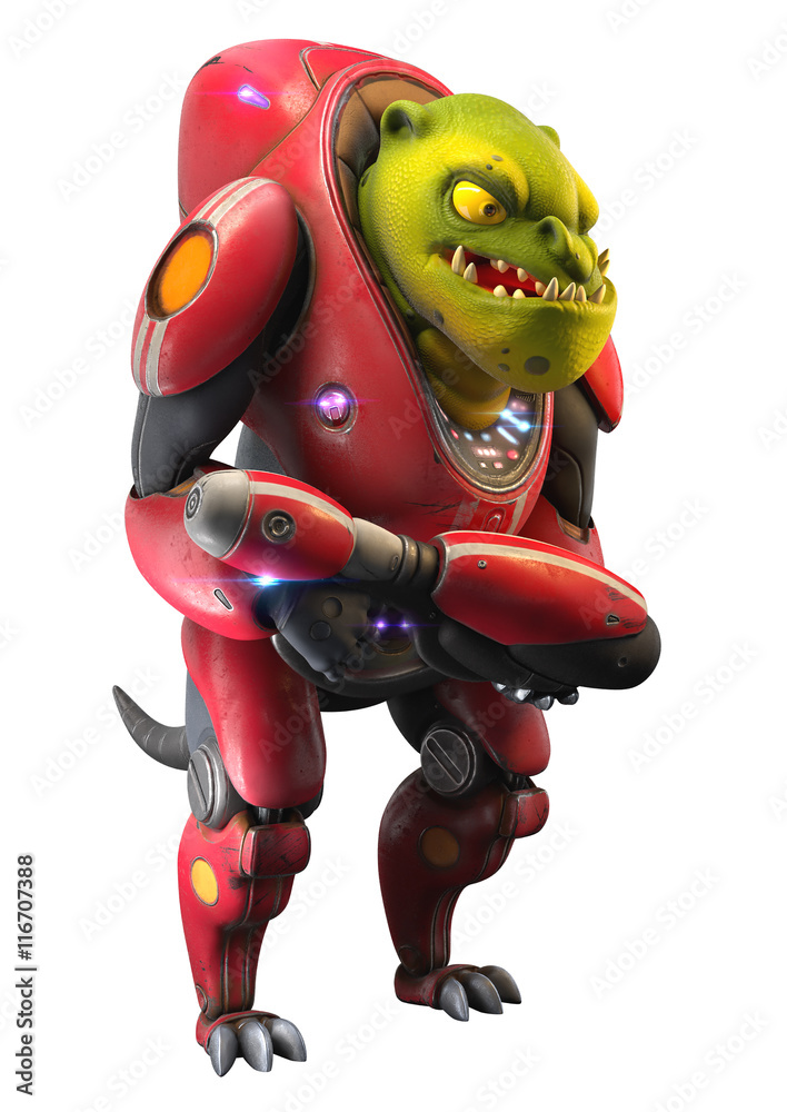 3d illustration of a science fiction creature standing with a gu