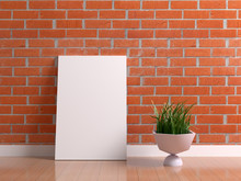 White Poster Canvas On Red Brick Old Wall With Clean Blank For Design, Advertising And Other Content Picture. Loft Interior With Decorative Vase With Grass Plant And Laminate Flooring. 3d Illustration