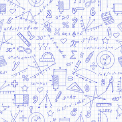 Wall Mural - Seamless pattern with formulas and charts on the topic of mathematics and education,dark blue outline on a light background in a cage