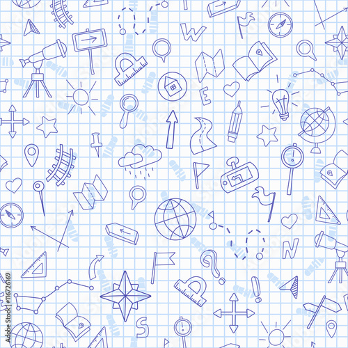 Fotografia Seamless pattern with hand drawn signs on the theme of geography and travel, dar