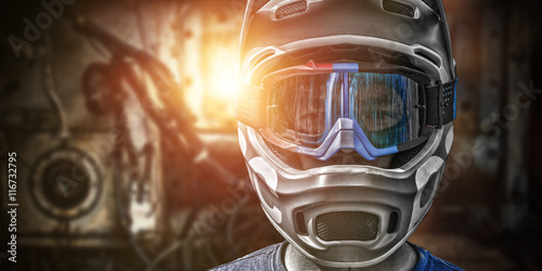 Portrait of a young man in a professional full protective helmet Canvas
