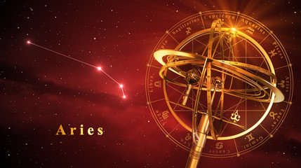 Wall Mural - armillary sphere and constellation aries over red background