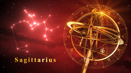 Wall Mural - armillary sphere and constellation sagittarius over red background