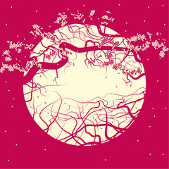 The Sakura tree branches  with small rising and falling petals in the background of a stylized moon. The image of two flowers in pink and beige.