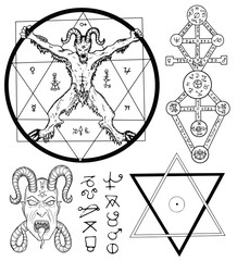 Set with Devil, Satan, pentagram and mystic symbols