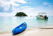 Kayak Blue Boat And Speed Boat Anchor Activity And White Sand Crystal Sea At Lipe Island