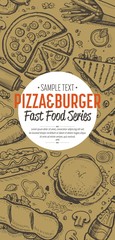 Wall Mural - Cafe bar fast food symbols restaurant pattern doodle sketch abstract vector illustration. Fast food vertical banner. Burger and pizza hand drawn style. Cafe restaurant cover menu design. Top view.