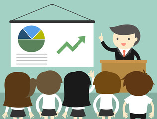 Business concept, Businessman giving presentation and explaining charts. Vector illustration.