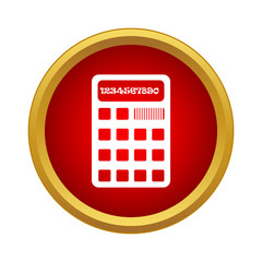 Poster - Calculator icon in simple style in red circle. Computing device symbol