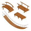 Hanging wooden bridge, wooden and hanging bridge vector illustrations. Flat 3d isometric set.