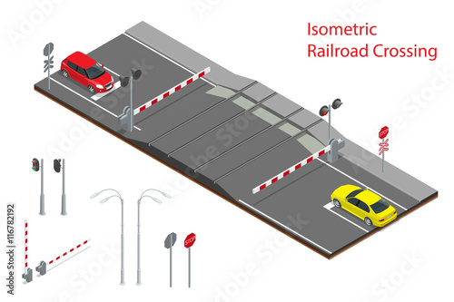 Fotografia, Obraz Vector isometric illustration of Railway crossing