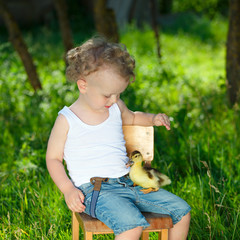 boy with little yellow duckling in summer village