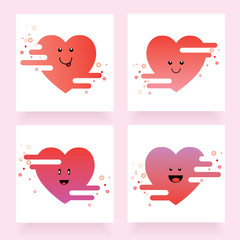 Sticker - four modern heart icons with smiling faces in funny, cute cartoon style